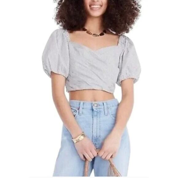 J.CREW Tops - J.Crew Puff-Sleeve Organic Cotton Cropped Top Striped White Blue Beachy Womens L